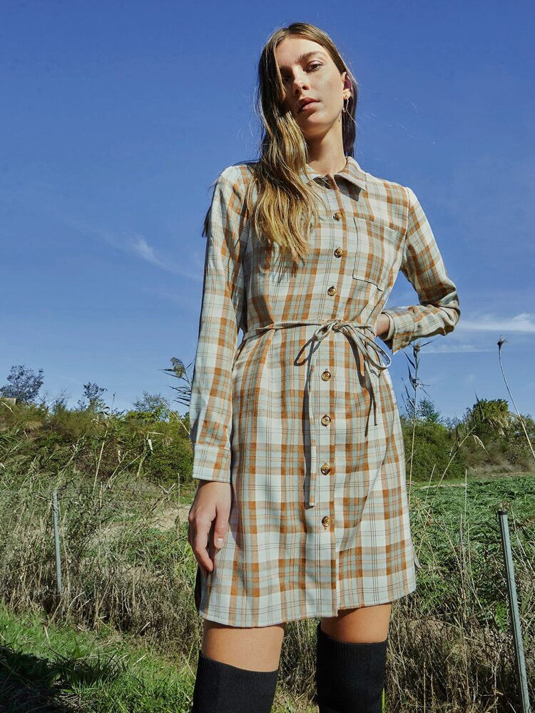 SHEIN Plaid Print Button Through Belted Dress | SHEIN