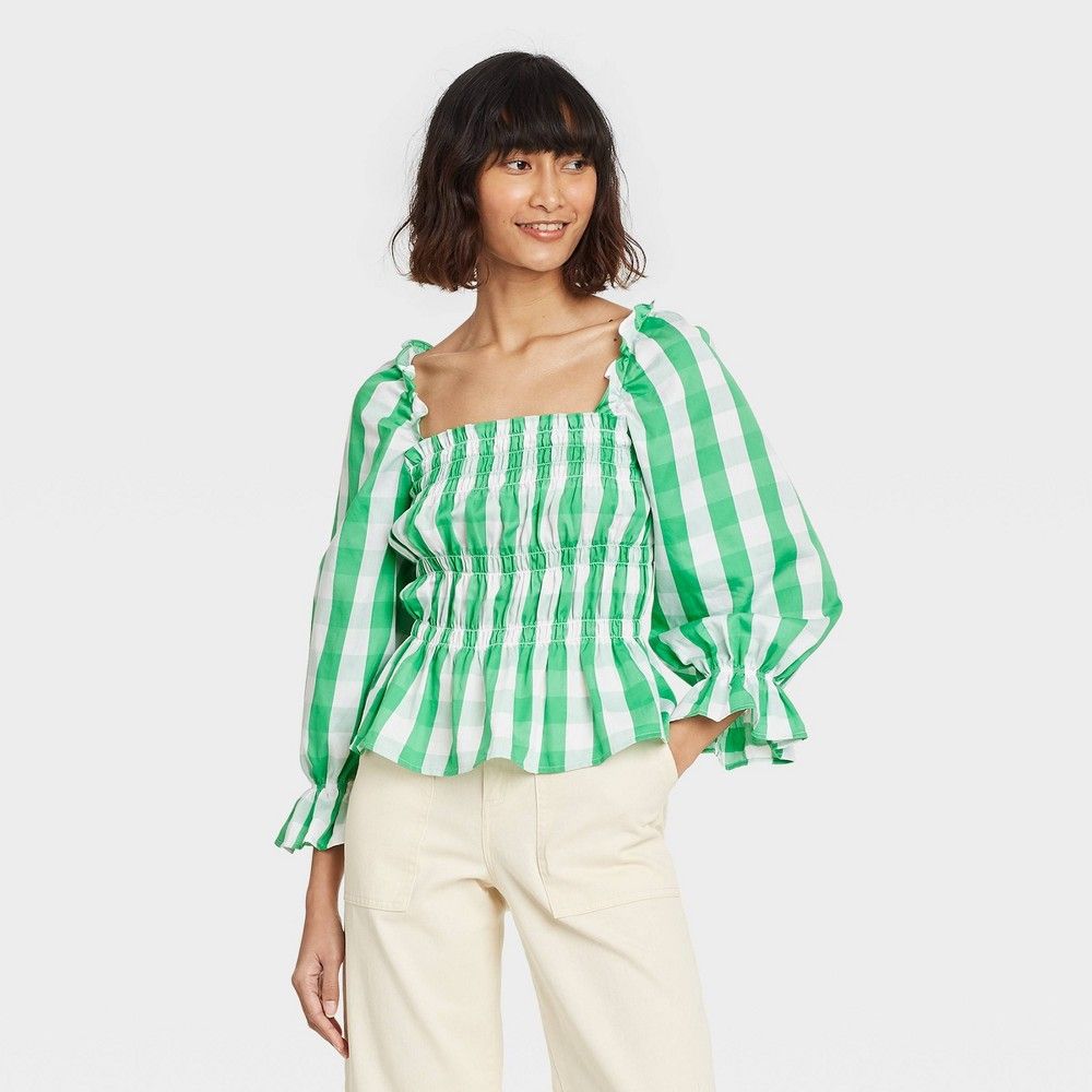 Women's Gingham Print Puff 3/4 Sleeve Smocked Peplum Top - Who What Wear Green XL | Target