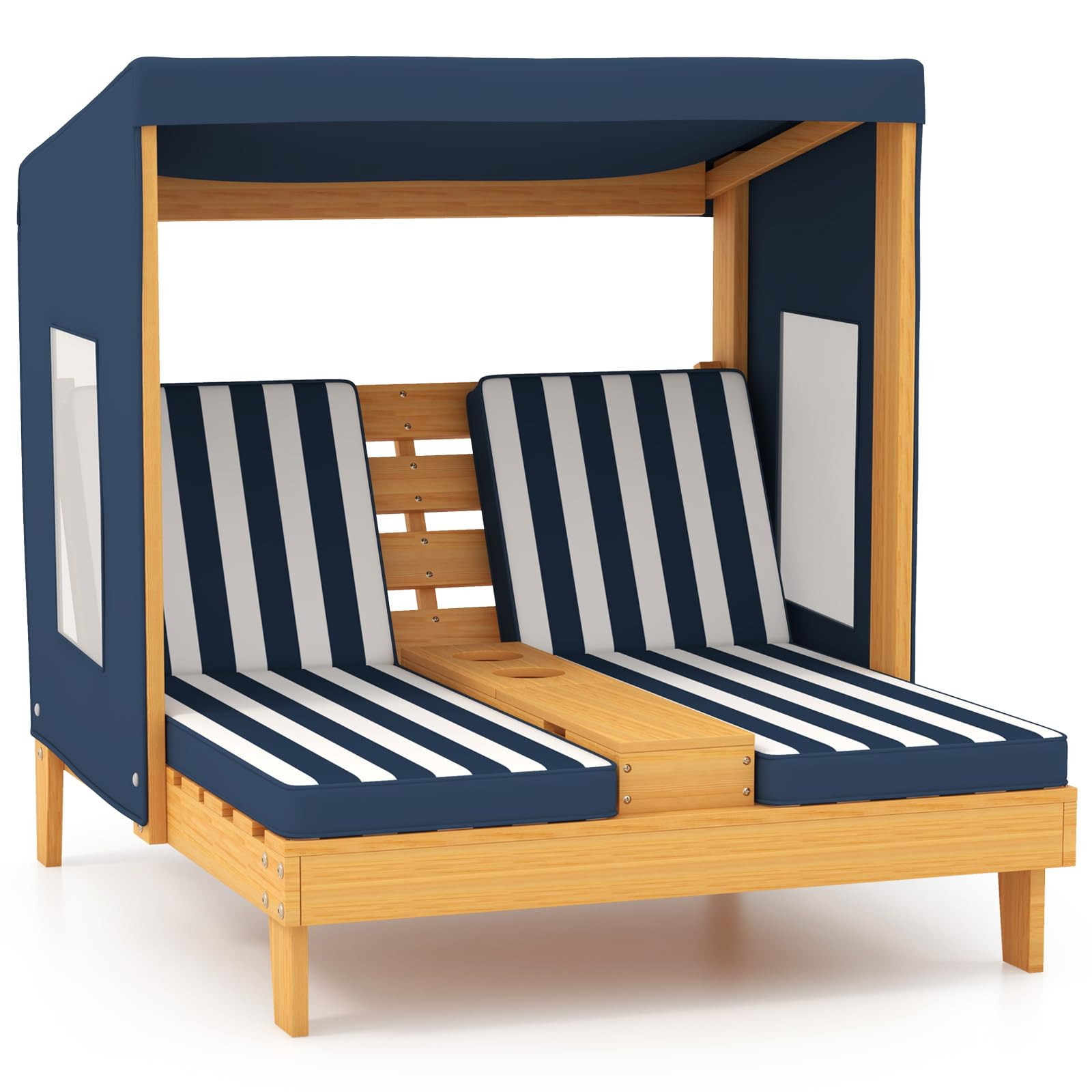 HONEY JOY Kids Chaise Lounge Chair Outdoor, Toddler Wood Double Pool Lounger Chairs w/Canopy, Cup... | Amazon (US)