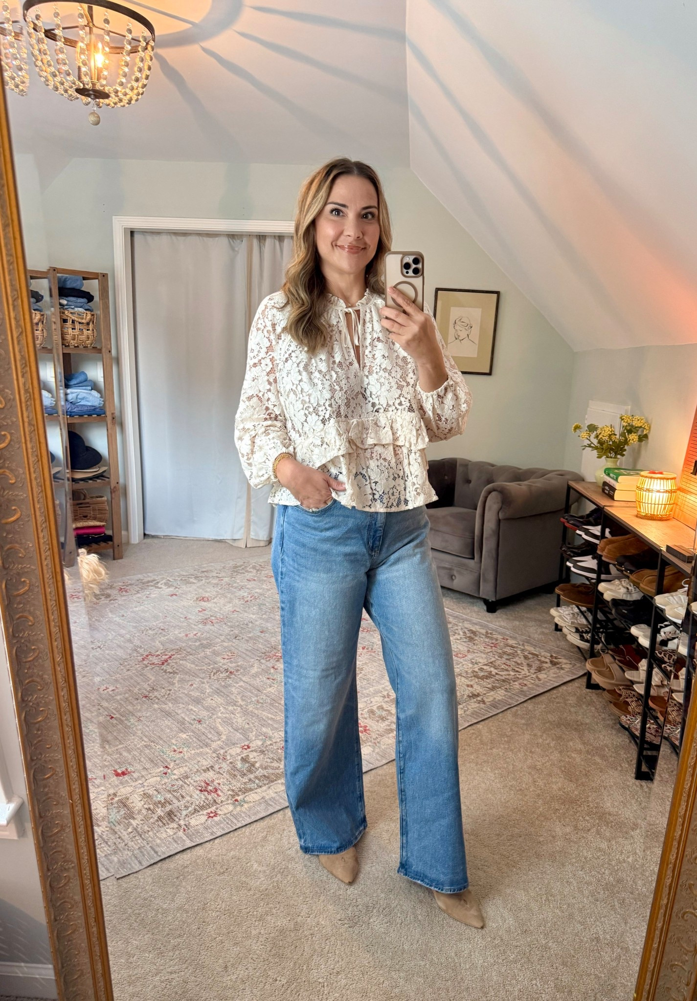 ✨ Romantic and effortless Loft style ✨
This lace peplum blouse paired with wide leg jeans is the perfect mix of feminine and easy to wear 
🤍 Jeans -> high rise, wide leg, and that perfect medium wash you can grab for any season
🤍 Top -> lace detail with a ruffle hem and tie neck that dresses up beautifully or works for a casual day out
🤍 I styled it with neutral pointed flats but it would be just as cute with sneakers or heels
Fit tip ➡️ the top is TTS for me (large) but I suggest sizing down in the jeans if in between sizes.
I linked this outfit plus a few more Loft new arrivals that I’m loving right now! These are such good staples for fall 🍂 
🔗 Shop it all here ⬇️
#LTKFallStyle #LoftPartner  #FallStyle #LTKFinds 

#LTKShoeCrush #LTKSaleAlert