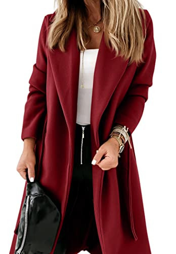 Womens Classic Coat Lapel Collar Open Front Belted Long Jacket | Amazon (US)