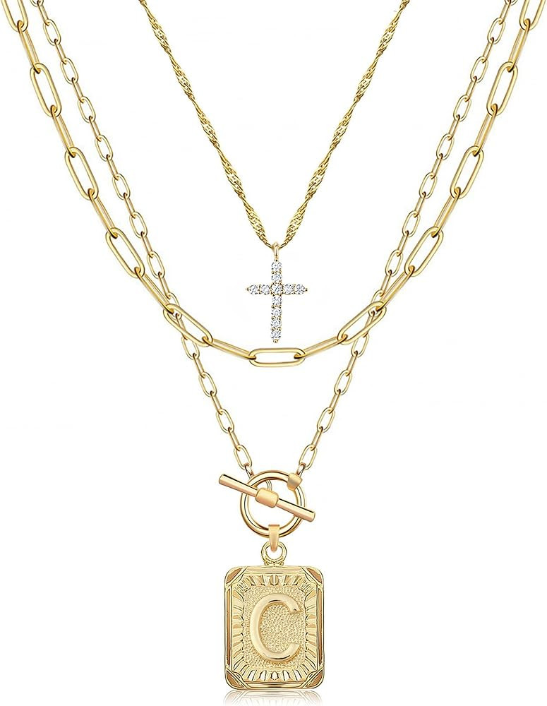 MJartoria Layered Initial Necklaces for Women Trendy, 14K Gold Plated Brass Simple Dainty Cross C... | Amazon (US)