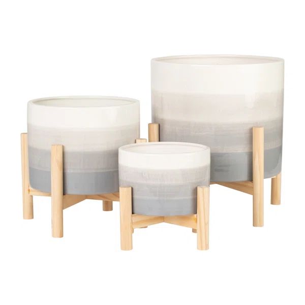 Planter on Stand - Ceramic Planter on Wooden Stand - Contemporary Ivory/Beige Gradient Design - I... | Wayfair North America