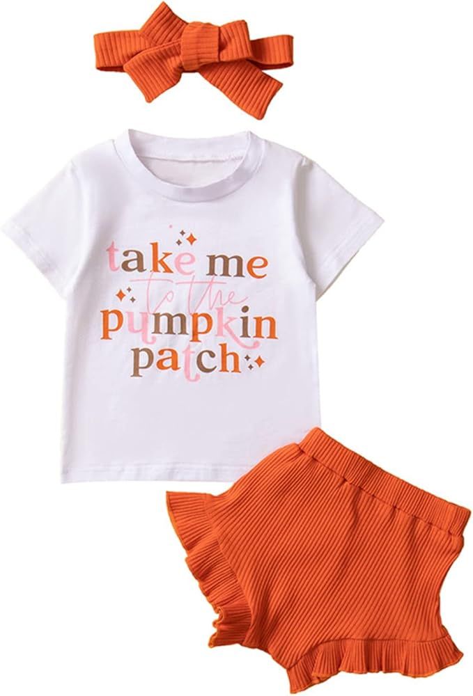 Baby Girls 3Pcs Halloween Outfits Pumpkin Letter Print Short Sleeve Top Shirt Elastic Shorts Bow ... | Amazon (US)