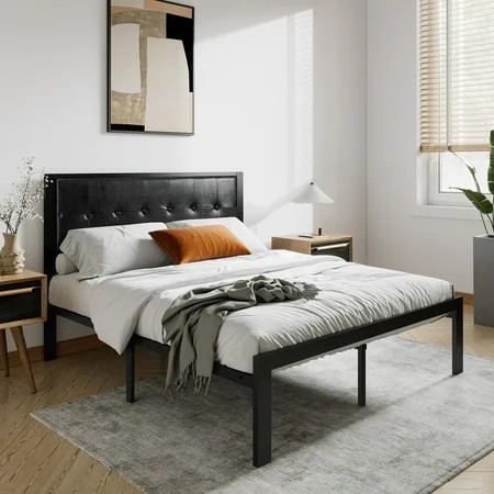Einfach Full Platform Bed with Faux Leather Button Tufted Square Stitched Headboard Black | Walmart (US)