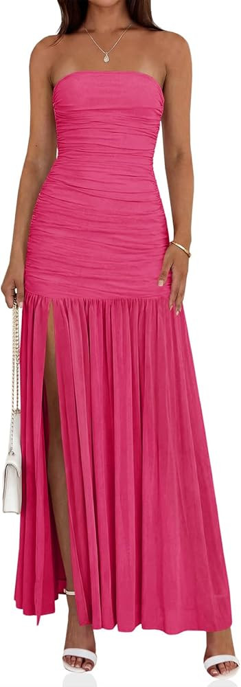 Wenrine Womens Summer Tube Top Dress Strapless Mesh Sexy Ruched Patchwork High Slit Long Cocktail... | Amazon (US)