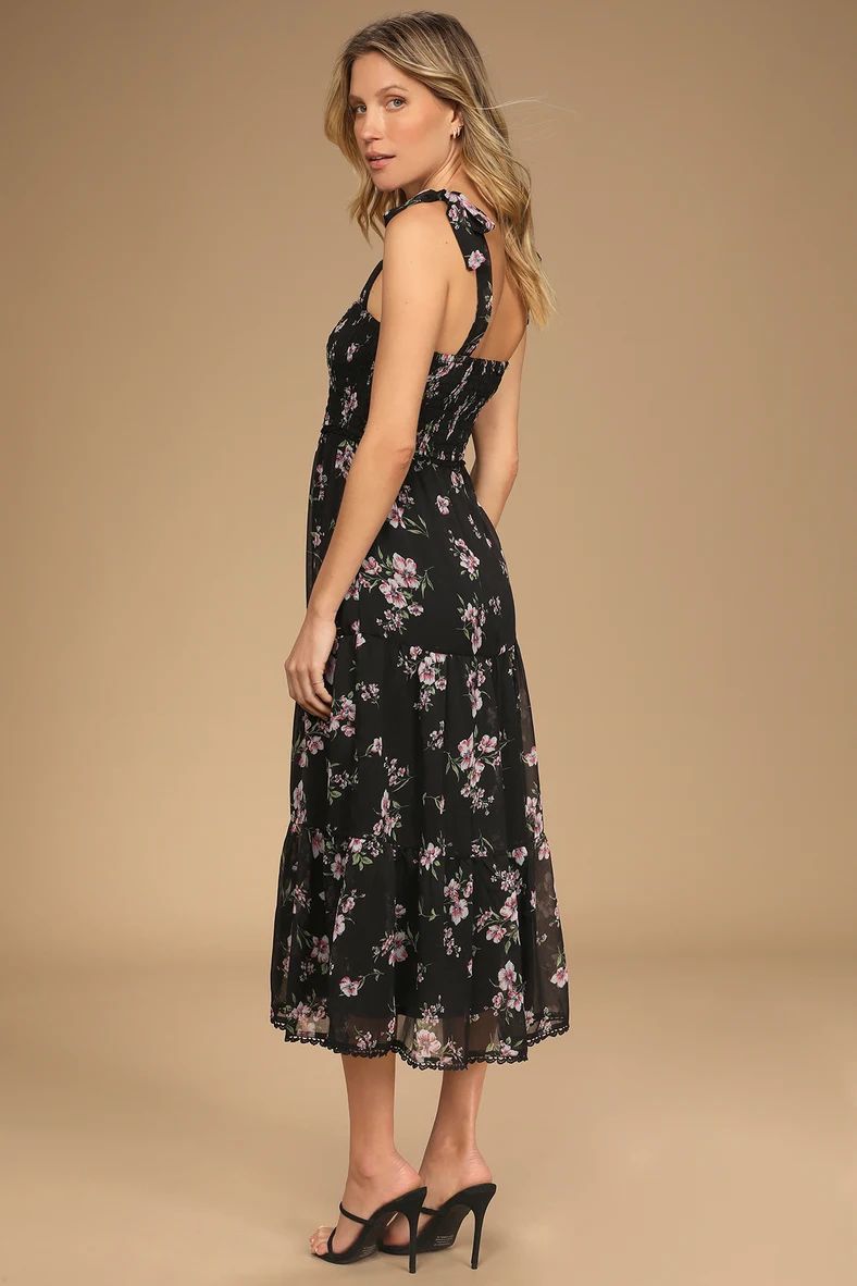 Sweet Situation Black Floral Print Tie-Strap Tiered Midi Dress | Lulus (US)