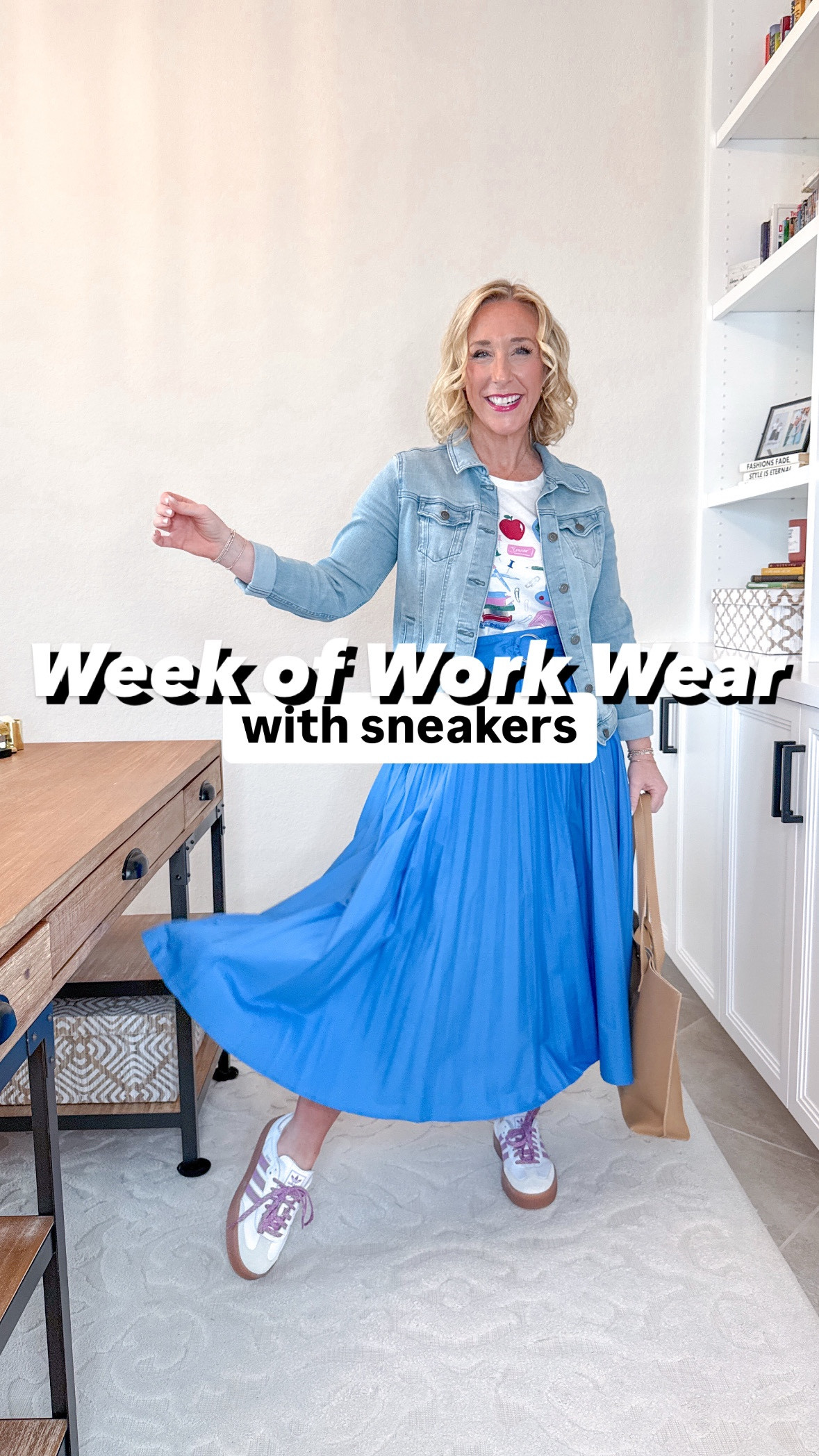 Week of Work Wear:
1. MONDAY - striped long sleeve top - size small // navy trousers - size 2 (I hemmed the regular length) // red sneakers - sized up a 1/2. 
2. TUESDAY - pleated skirt - size XS. $26 // linked similar teacher tees // purple adidas sneakers - tts. 
3. WEDNESDAY - bow cardigan - size small // brown trousers - size small // white sneakers (with small bit of color detail) - tts & very comfortable for walking. 
4. THURSDAY - green striped dress - size XS. $34 // silver sneakers - tts.
5. FRIDAY - blue striped sweater - size small. $19.98 // jeans - size 0 short (I sized down) // white sneakers (with gum bottom and black detail) - size up a 1/2. 
• beginning 2-piece sweater set - size small. 
** my denim jacket is old   

* teacher outfit, teacher clothes, teacher style. 

#LTKWorkwear #LTKWatchNow #LTKSeasonal