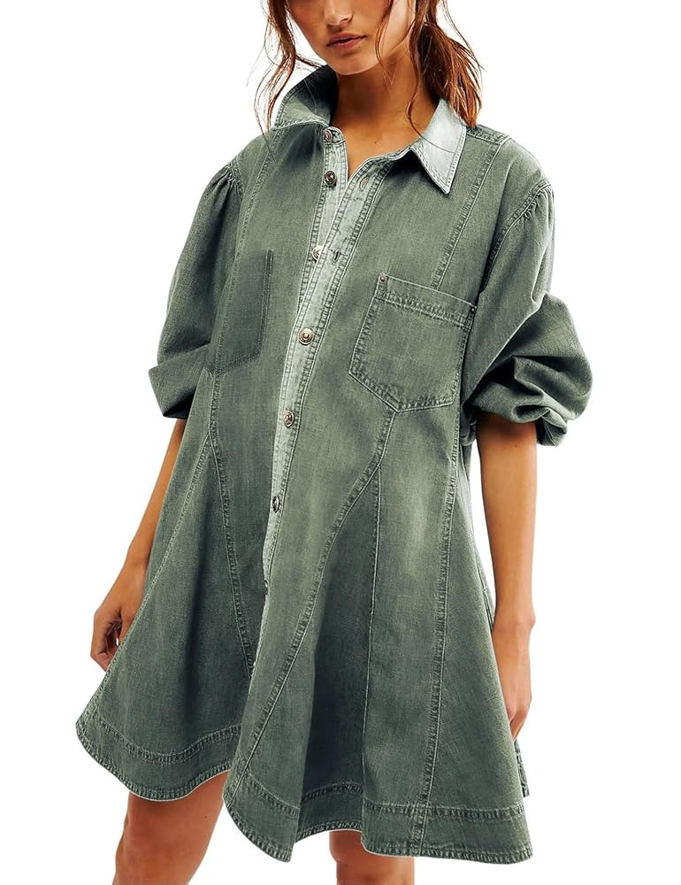 utcoco Womens Long Sleeve Button Down Denim Dress A Line Swing Ruffle Midi Jean Dress with Pocket... | Amazon (CA)