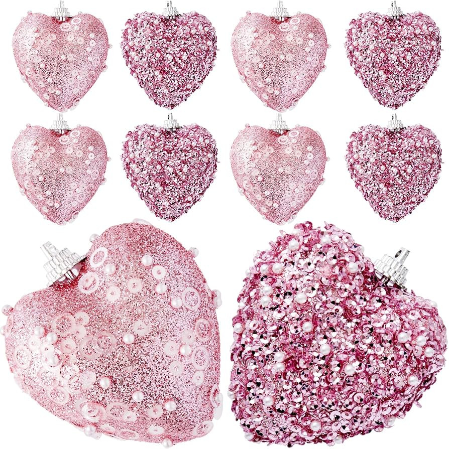 Pink Valentine's Day Heart Ornaments 10Pcs Glitter Sequin Heart Shaped Baubles Decoration Valenti... | Amazon (US)