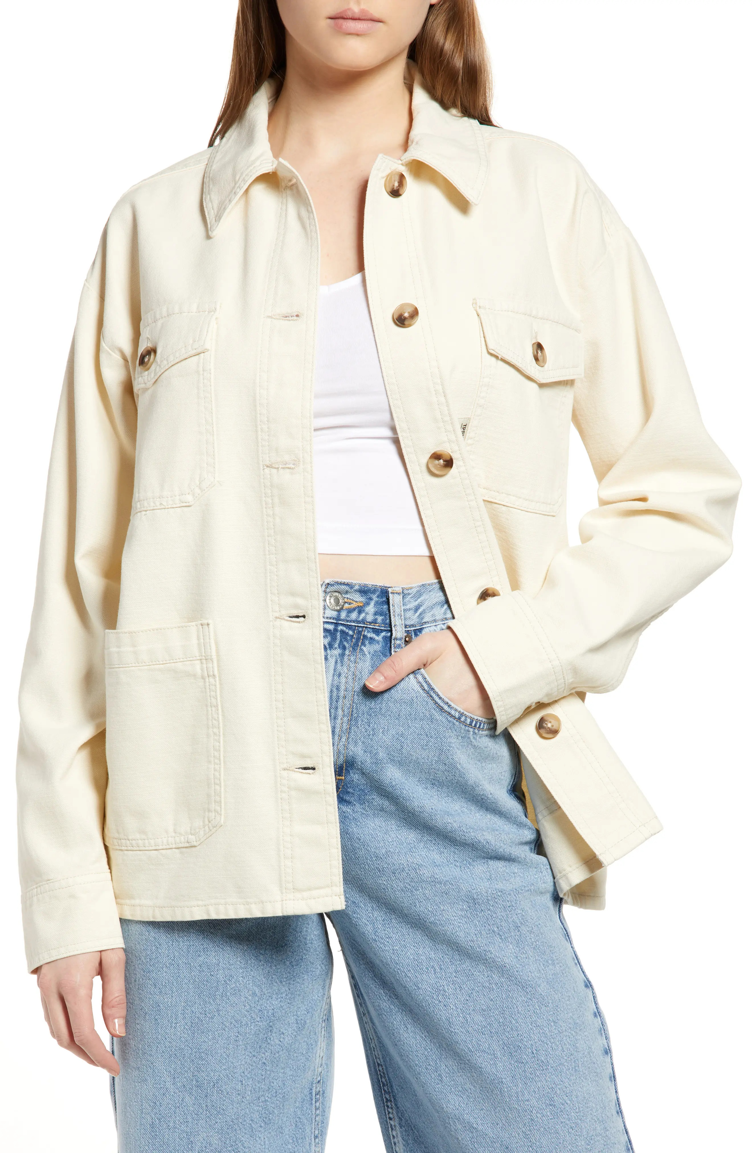 TOPSHOP Oversize Cotton Shacket in Cream at Nordstrom, Size X-Large | Nordstrom
