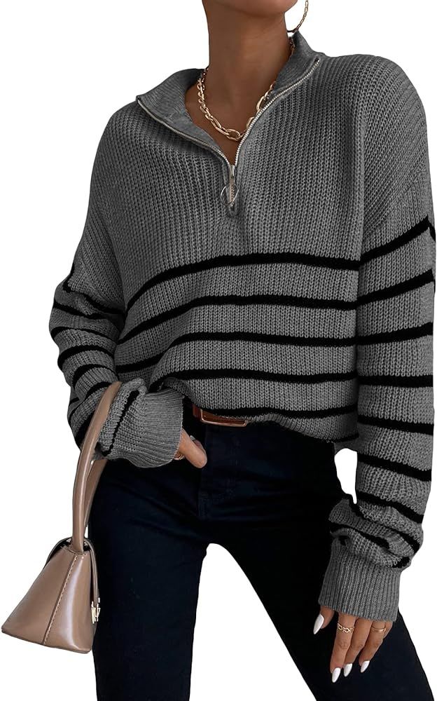 MakeMeChic Women's Casual Striped Half Zip Up Drop Shoulder Long Sleeve Sweater Pullover Top | Amazon (US)