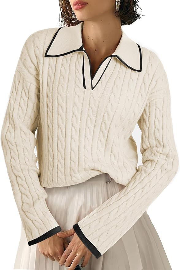 EVALESS Womens Cable Long Sleeve Sweaters Tops Color Block Lapel V Neck Knit Casual Soft Pullover... | Amazon (US)
