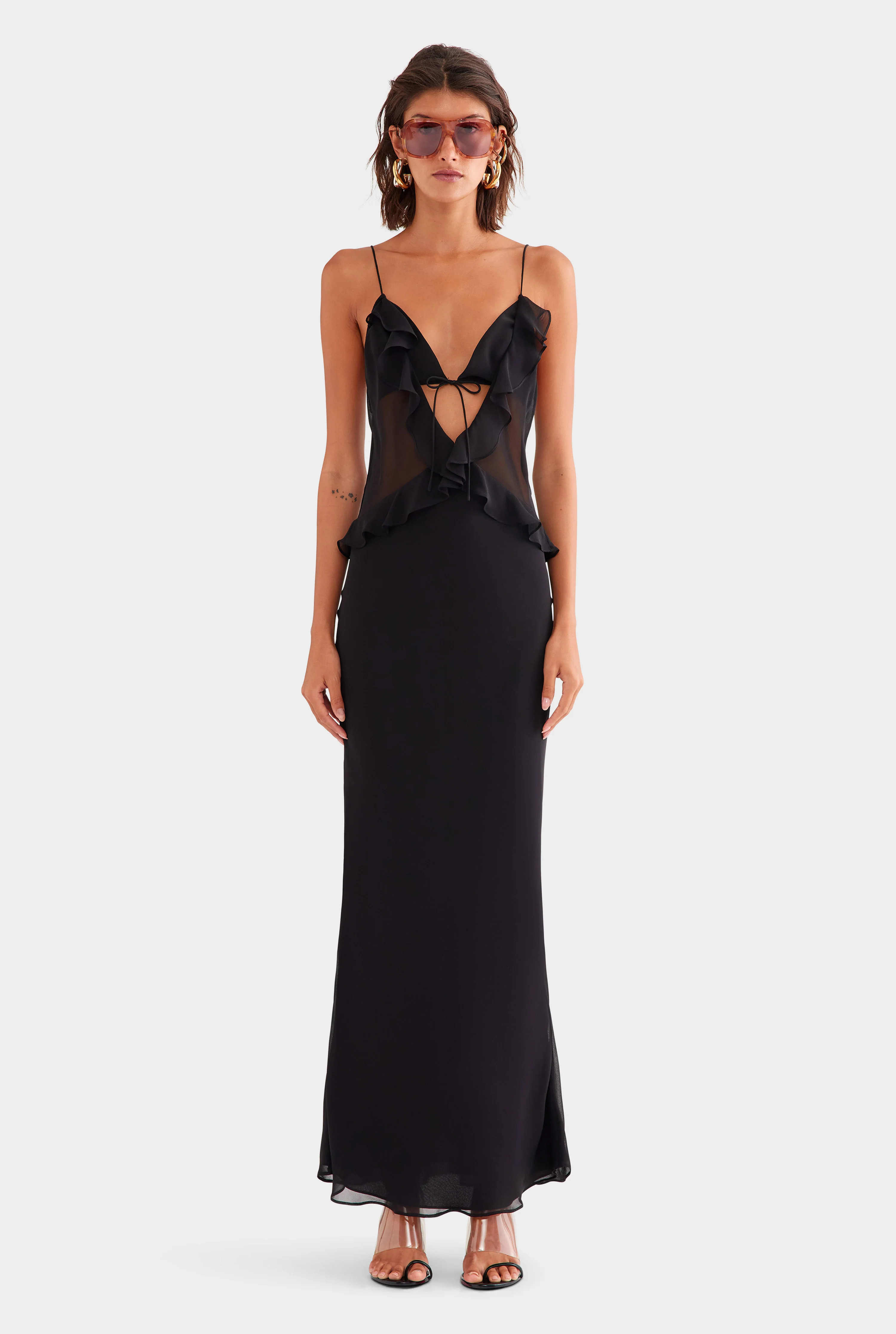 Silk Bralette Ruffle Maxi Dress in Black | Venroy | Venroy AU