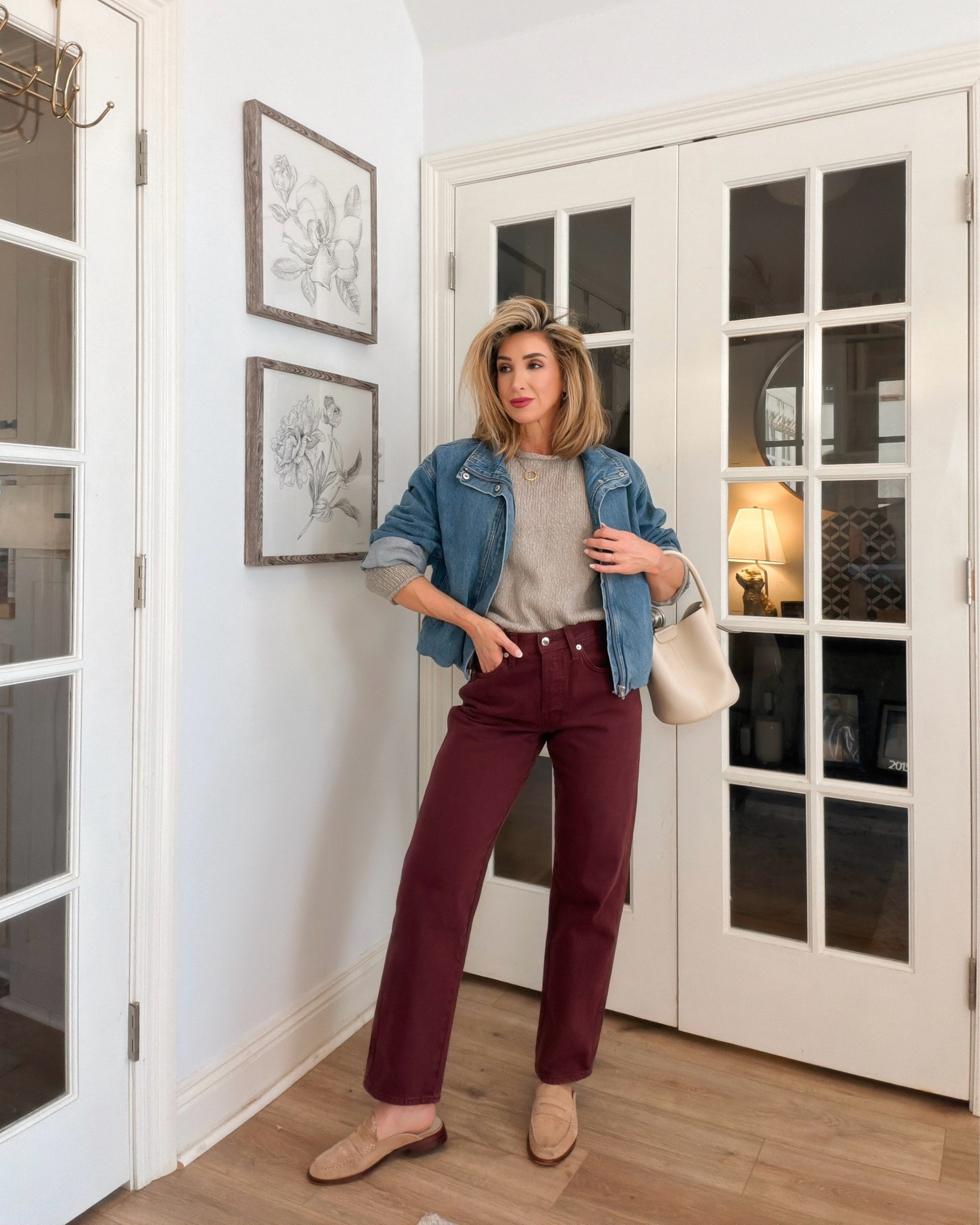 Love the richness of burgundy in the fall months. 

Fall outfits women over 50, denim bomber jacket, relaxed roll neck sweater, FP, oversized sweaters, petite style