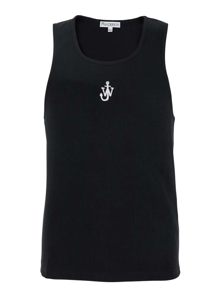 JW Anderson Black Sleeveless Top With Logo Embroidery On The Front In Cotton Man | Baltini