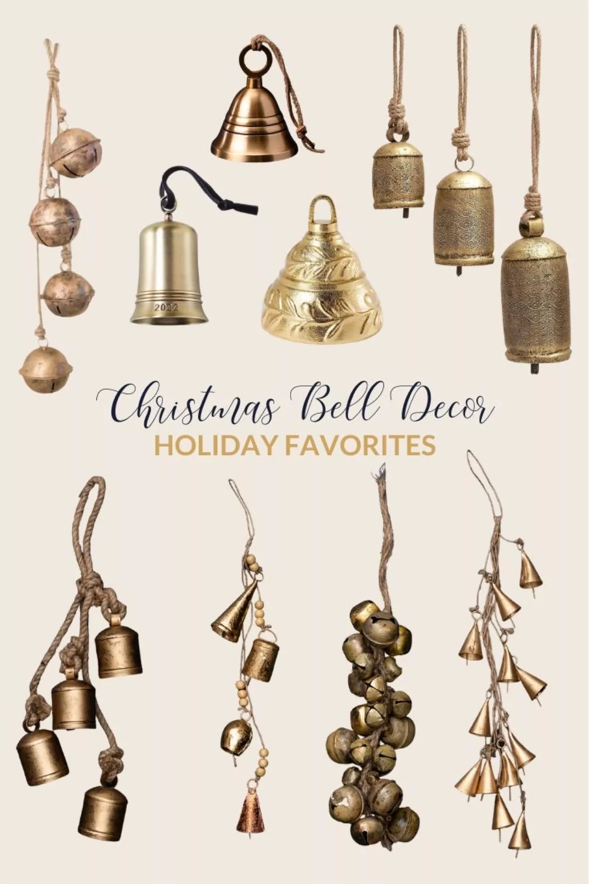 Antique Gold Metal Bells, Holiday Decor