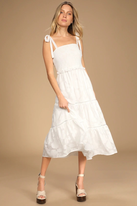 Float to Love White Jacquard Smocked Tie-Strap Midi Dress | Lulus (US)