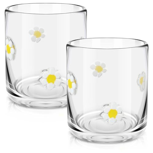 SiliFine 2 Pcs Flower Icon Juice Glasses - 14oz White Floral Stemless Wine Drinking Coffee Glass Cup for Home Party Supplies & Gift | Amazon (US)