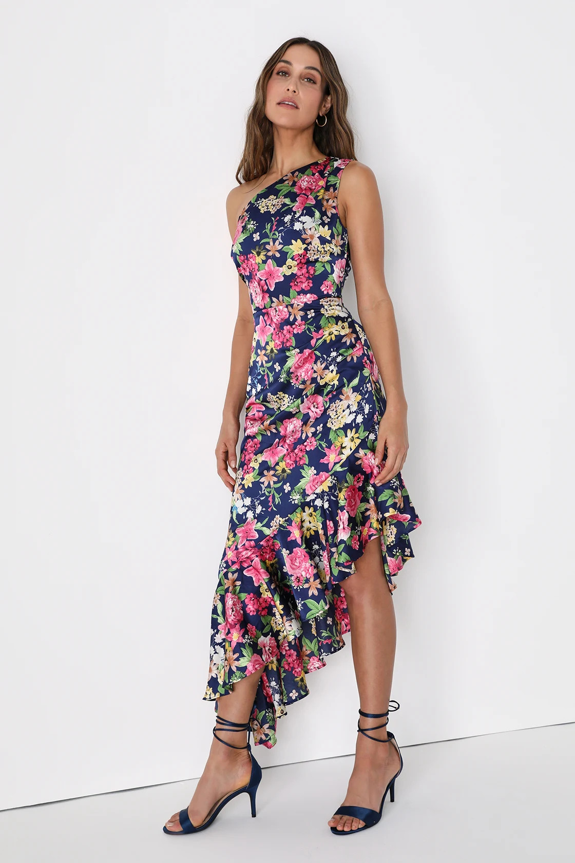 Divinely Blooming Blue Multi Floral One-Shoulder Midi Dress | Lulus