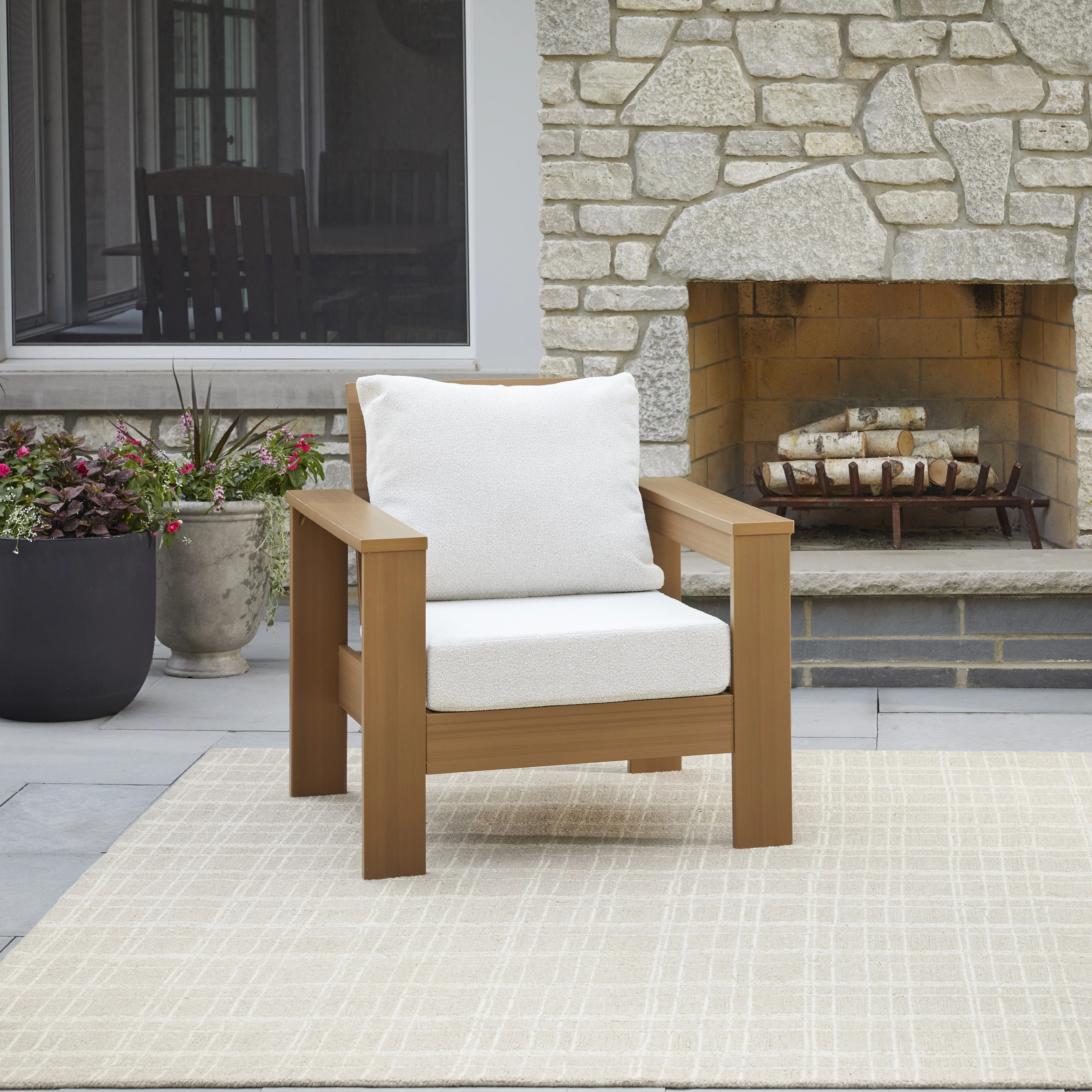 Better Homes & Gardens Ezra Outdoor HDPE Club Chair, Teak with Cream Boucle Cushions | Walmart (US)