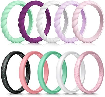 Forthee 10 Pack Silicone Wedding Ring for Women, Thin and Braided Rubber Band, Fashion, Colorful,... | Amazon (US)