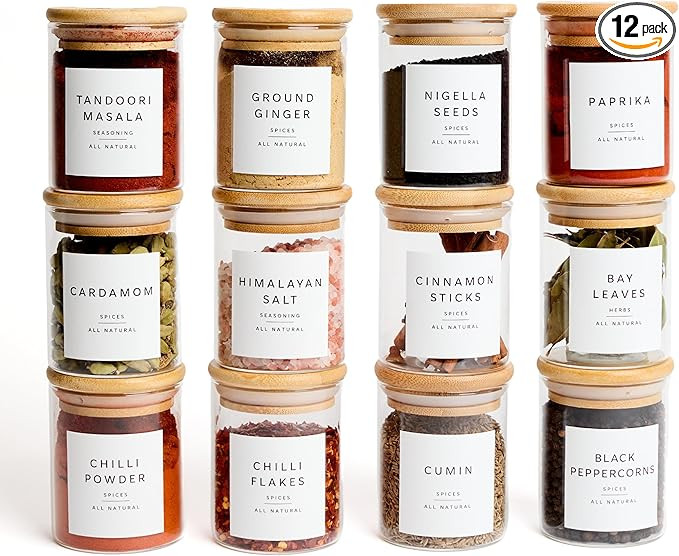 Glass Spice Jars with Labels-12 Pack- 6.8oz- 360 Labels- Spice Containers with Bamboo Lids -Spice... | Amazon (US)