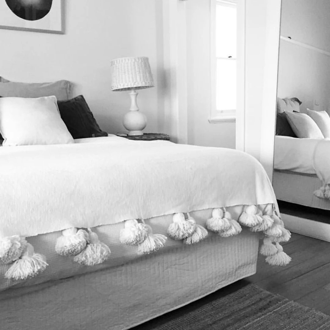 White Moroccan pompom Blanket, Moroccan Blanket, Cotton Blanket Throw Pom Pom, Hand Woven Cover b... | Etsy (US)