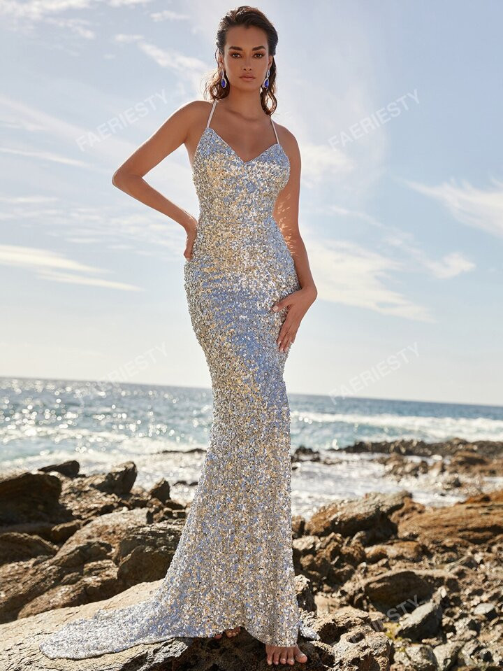 Lace Up Backless Sequin Mermaid Hem Prom Dress Elegant Formal Evening Wedding Guest Gown, For Gra... | SHEIN