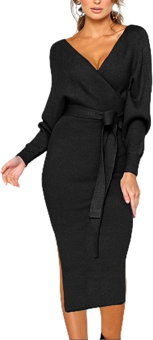 CHERFLY Women's V Neck Sweater Dresses Batwing Long Sleeve Backless Bodycon Long Dress with Belt | Amazon (US)