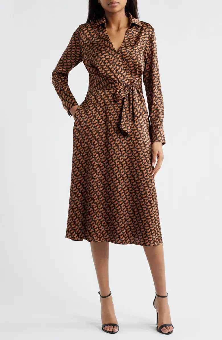 Tahari ASL Printed Long Sleeve Faux Wrap Matte Satin Shirtdress | Nordstrom | Nordstrom