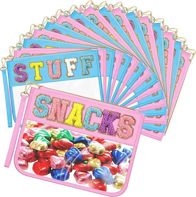 12 Pcs Chenille Letter Bag Snacks Pouch Clear Travel Makeup Bag with Wrist Strap Zipper Stuff Bag... | Amazon (US)