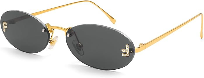 Dollger Trendy Rimless Oval Sunglasses Women Men Retro Y2K Glasses Small Diamond Frame 90s Metal ... | Amazon (US)