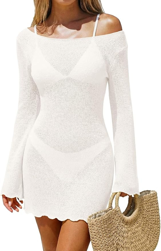 Saodimallsu Womens Swimsuit Cover Up Long Sleeve Sheer Mesh Knit Mini Dress Backless Tie Summer B... | Amazon (US)