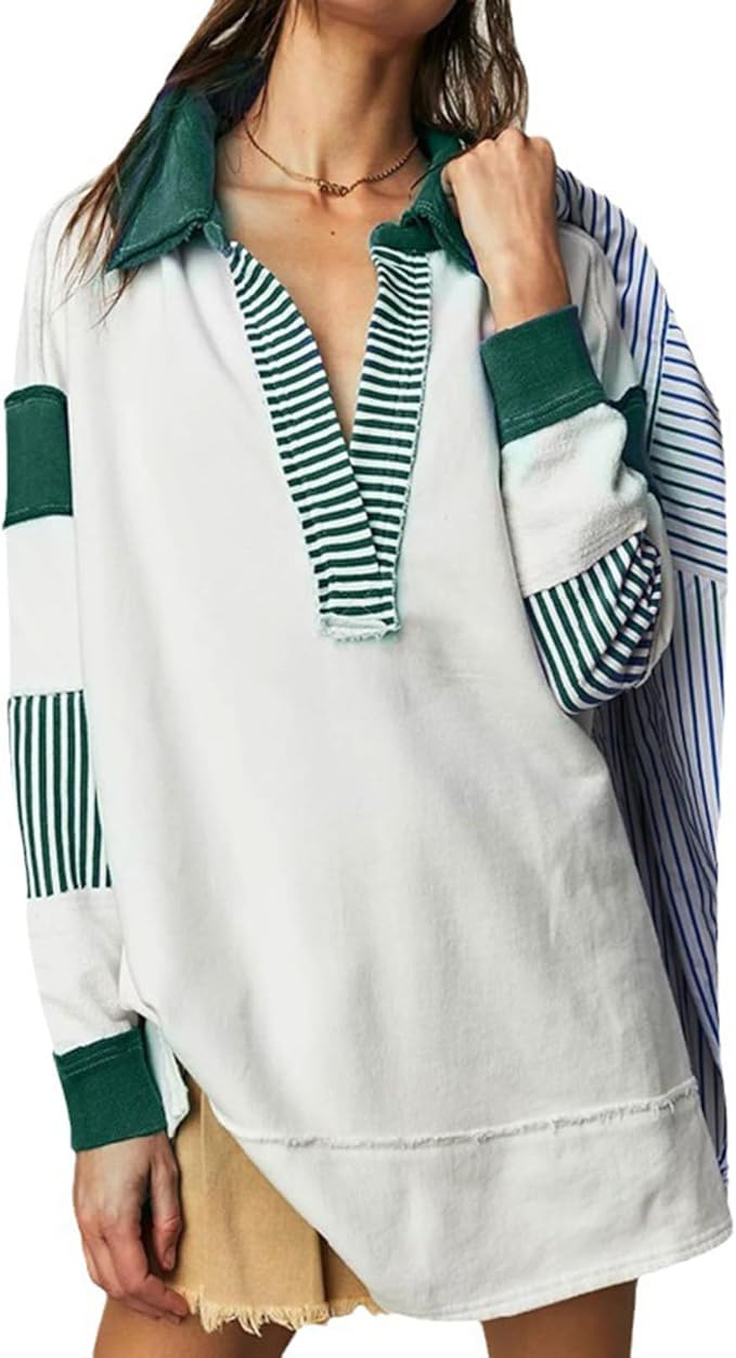 RIHOAS Oversized Sweatshirt for Womens Long Sleeve Lapel Collared V Neck Polo Shirts Pullover Col... | Amazon (US)