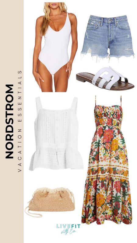 Jet off to your next sunny escape with Nordstrom's vacation essentials! Picture yourself in the sleek white one-piece swimsuit or floating through the market in a vibrant floral maxi dress. Pair your look with distressed denim shorts and slide sandals for an effortless transition from beach to street. Don’t forget the ultimate accessory, a chic straw bag, to carry all your sun-day essentials. Ready, set, relax—these must-haves are waiting for you! #NordstromEssentials #VacationReady #SummerStyle #BeachToStreet #VacayVibes #LiveFitWithEm

#LTKstyletip #LTKtravel