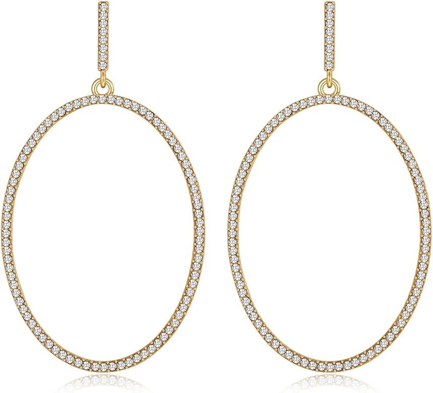 14K Gold Geometric Earrings for Women Pave CZ Bar Triangle Rectangle Oval Drop Earrings Statement Go | Amazon (US)
