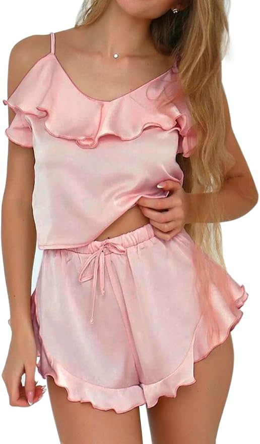 CHYRII Women's Sexy Silk Satin Ruffled Pajamas Sets Cami Shorts Sets Cute PJS Lingerie Slppewear ... | Amazon (US)