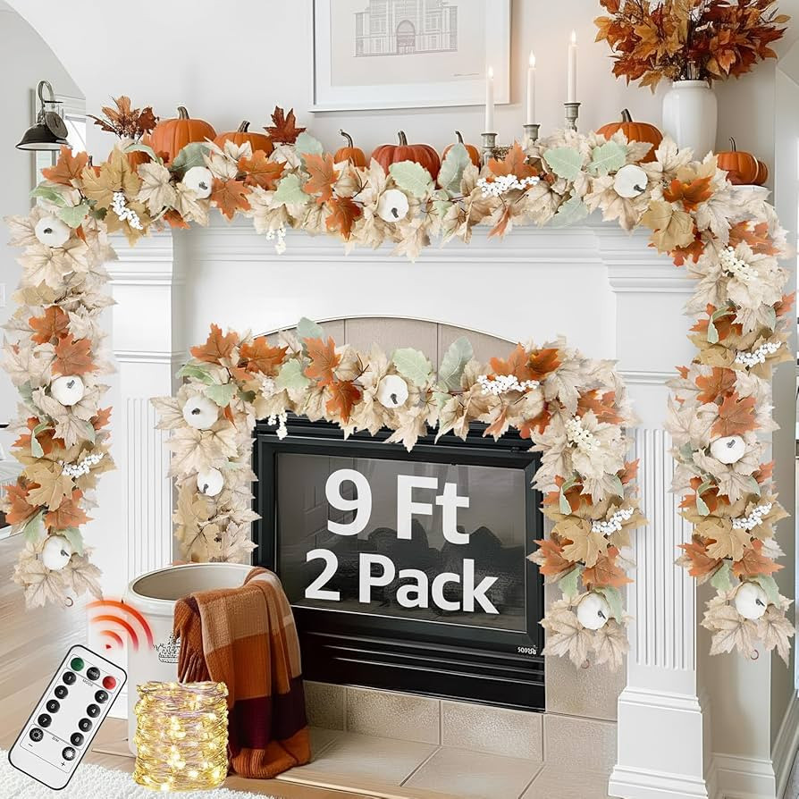 Neutral Fall Garland for Mantle Fireplace - 2 Pack Toatal 18Ft Outdoor Autumn Leaves Decor for Ho... | Amazon (US)