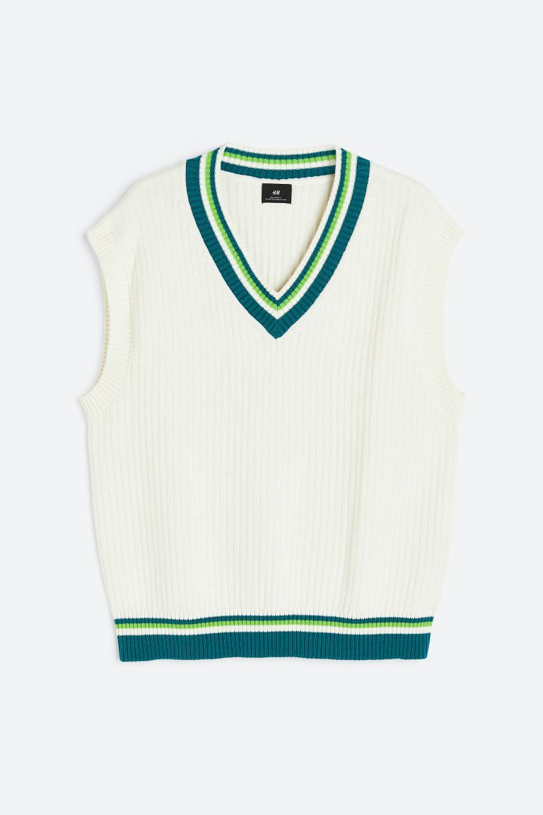 Relaxed Fit V-neck sweater vest - White/Petrol - Men | H&M GB | H&M (UK, MY, IN, SG, PH, TW, HK)