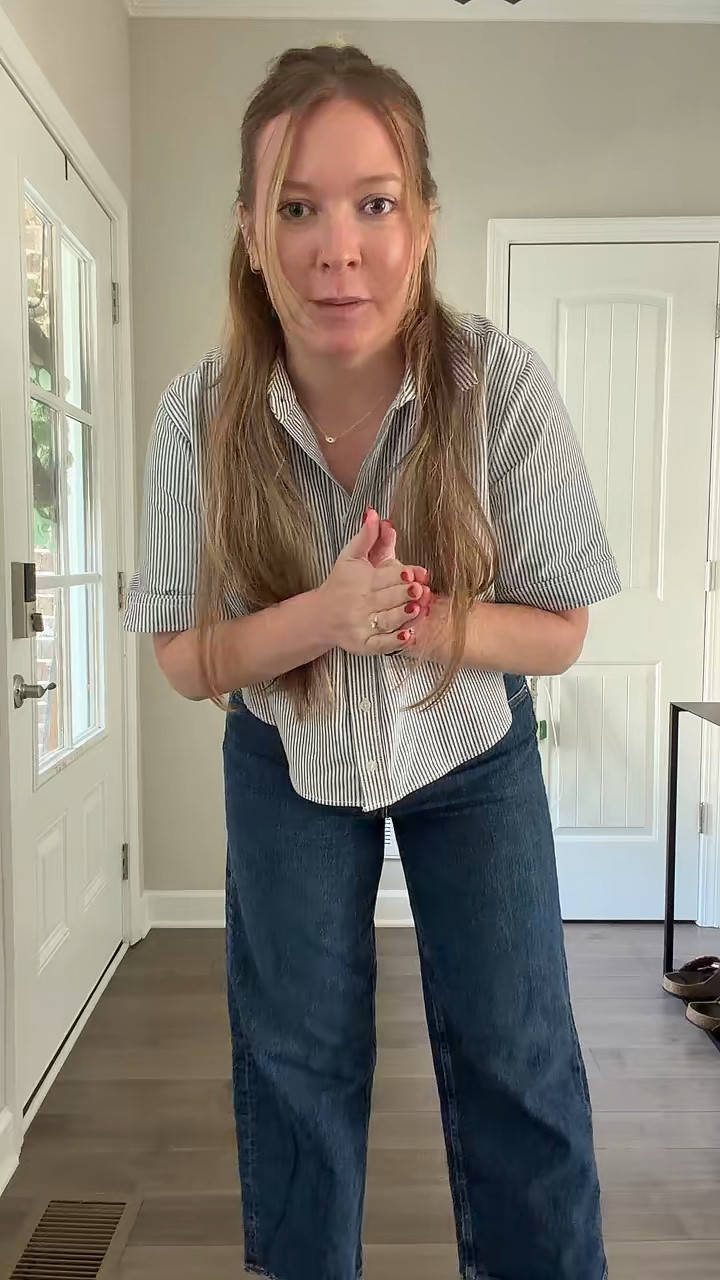 Cropped striped button down shirt / tts wearing a medium 
Wide leg cropped jeans / tts wearing a 28
Nude horse bucket heeled sandals / tts wearing a 7.5
Mixed metal jewelry 
Evil eye necklace

#LTKdayinmylife #LTKootd #LTKWorkwear