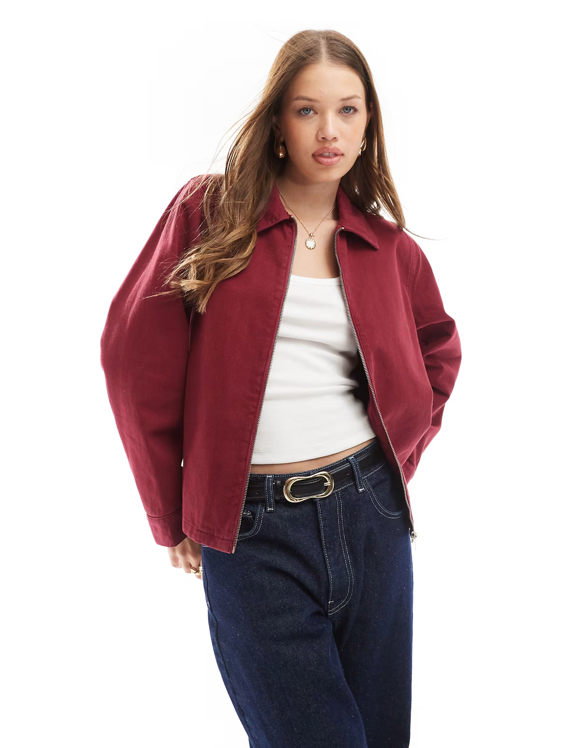 ASOS DESIGN denim harrington jacket in burgundy | ASOS (Global)
