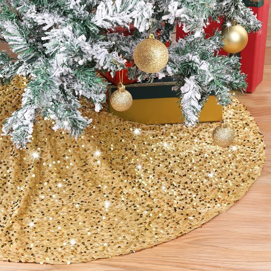 36 Inches Gold Tree Skirt Small Christmas Tree Skirts Glitter Sequins Velvet Tree Skirt for 4ft X... | Amazon (US)