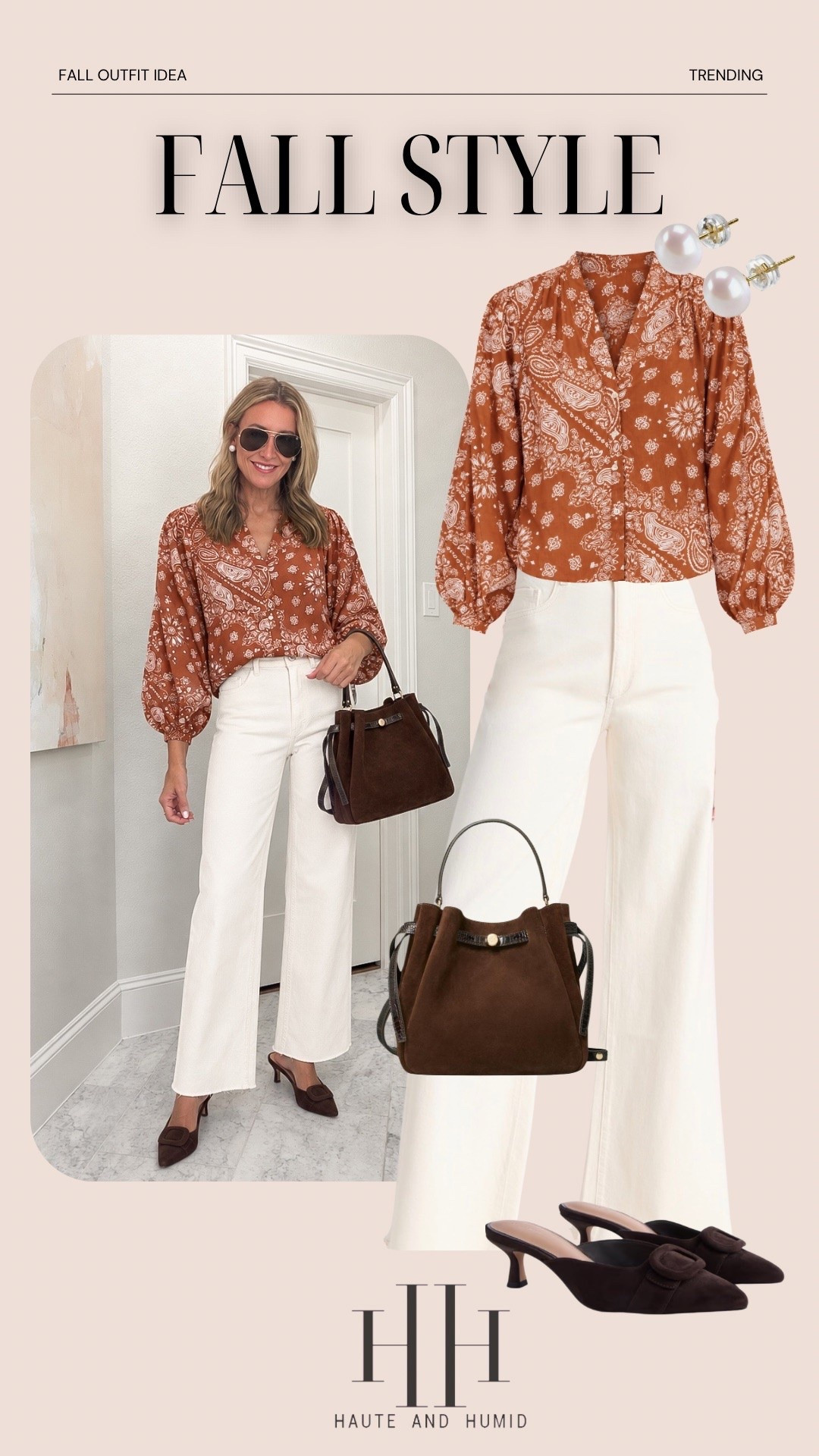 This is one of my favorite fall color combinations right now. The rust paisley blouse brings in all the seasonal color, while cream wide leg pants keep the outfit light and balanced. Add chocolate brown accessories and it works for work, dinner or any fall event.

rust blouse, paisley blouse, cream wide leg pants, fall outfit idea, chocolate brown accessories, fall work outfit, women’s fall fashion, fall date night outfit, wide leg pants outfit, warm weather fall style, elevated fall outfit, HauteandHumid