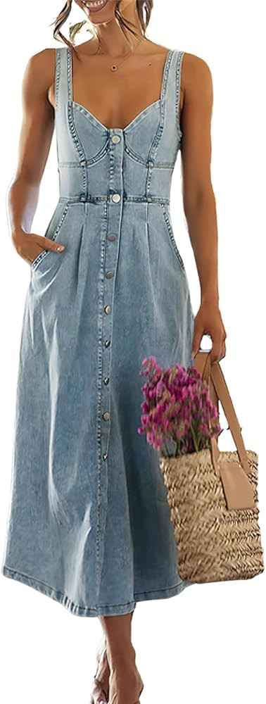 ebossy Stretchy Smocked Denim Dress for Women Sleeveless Babydoll Button Down Midi Long Jean Dres... | Amazon (US)