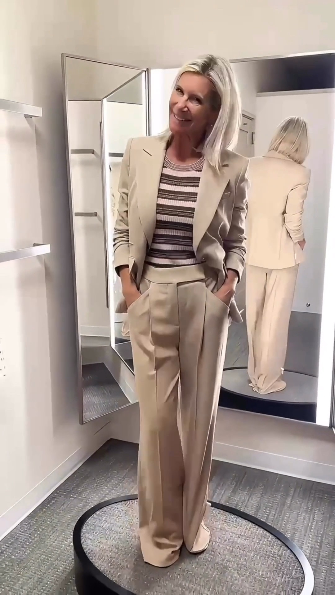 Neutral tailored suit outfit with striped knit top. 

#LTKootd #LTKOver40