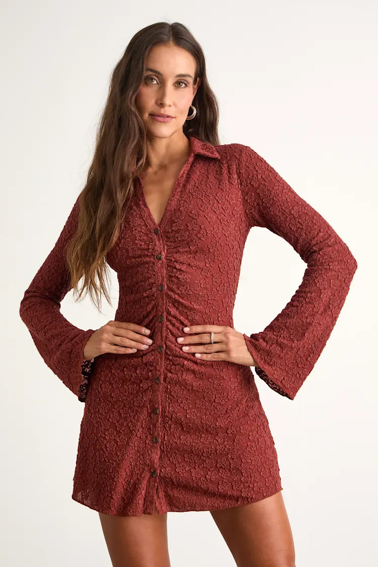 Marcella Rust Red Jacquard Button-Front Mini Dress | Lulus