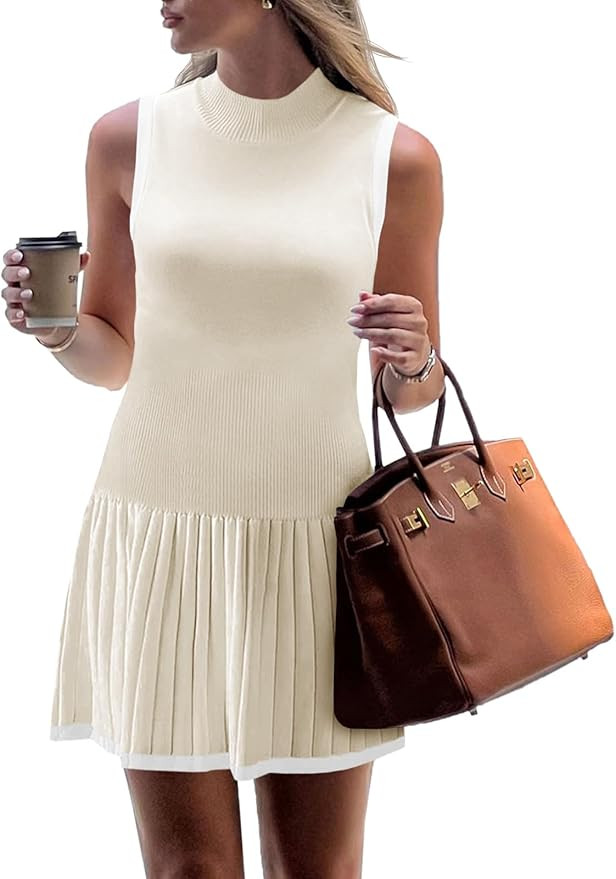 Wenrine Womens Sleeveless Summer Mini Dress Mock Neck Ribbed Knit Ruffle Pleated Casual Tank Dres... | Amazon (US)