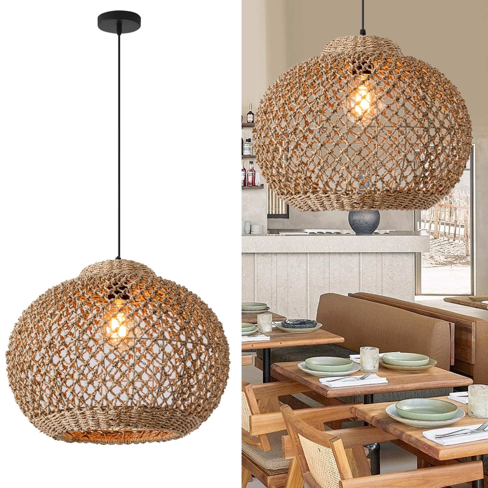 13.77" Woven Rattan Pendant Light,Hand-Woven Water Plants Rattan Chandelier 1-Light Boho Wicker C... | Amazon (US)