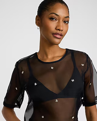 Embellished Sheer Organza Crew Neck Short Sleeve Tee | Express